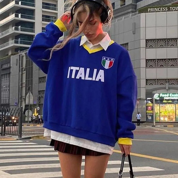 Italia Flag Blue Letter Print Hoodies Grunge