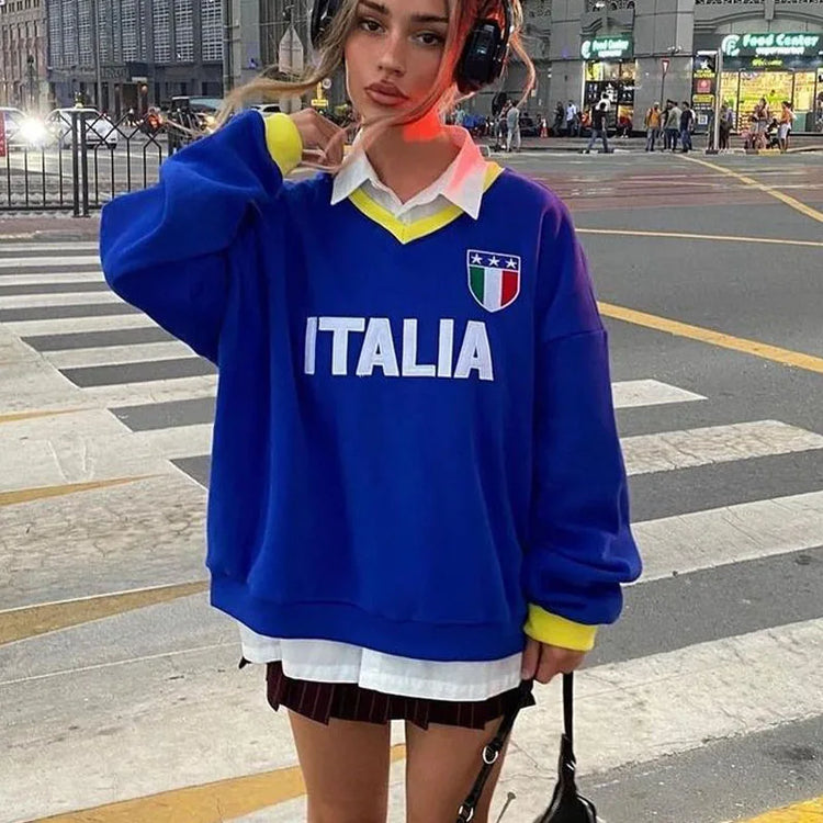 Italia Flag Blue Letter Print Hoodies Grunge