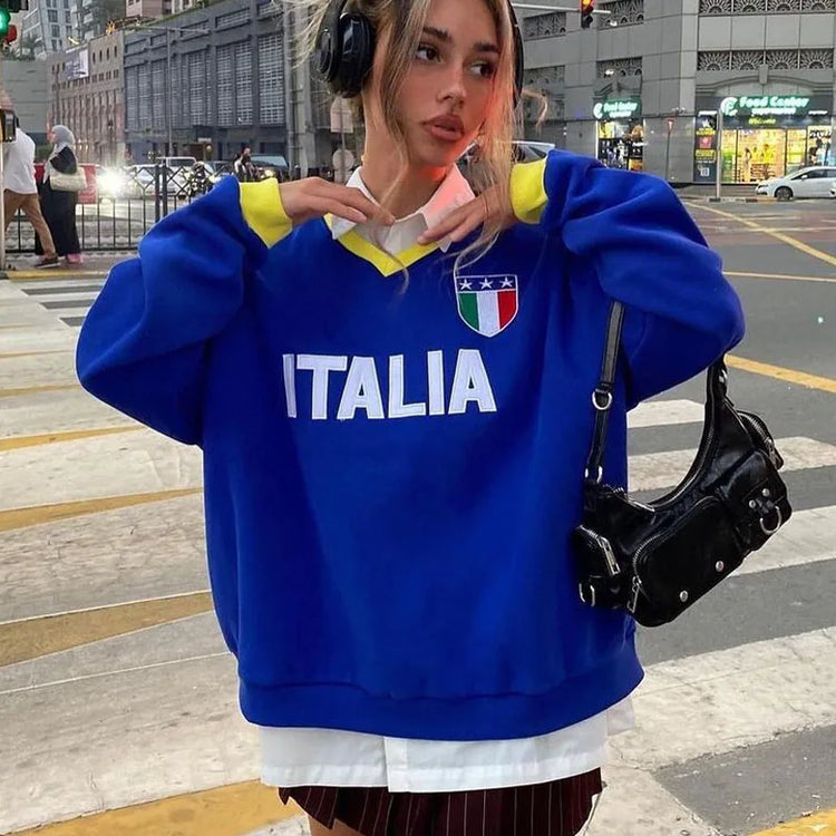 Italia Flag Blue Letter Print Hoodies Grunge