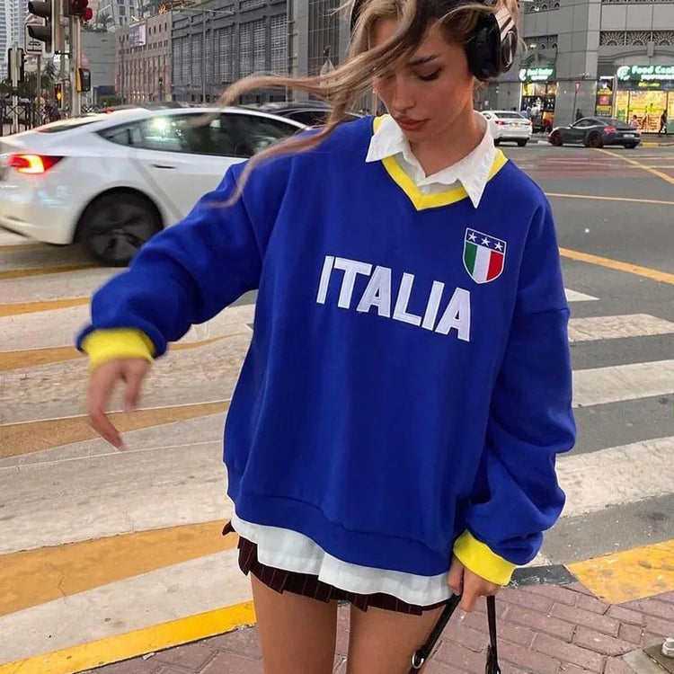 Italia Flag Blue Letter Print Hoodies Grunge