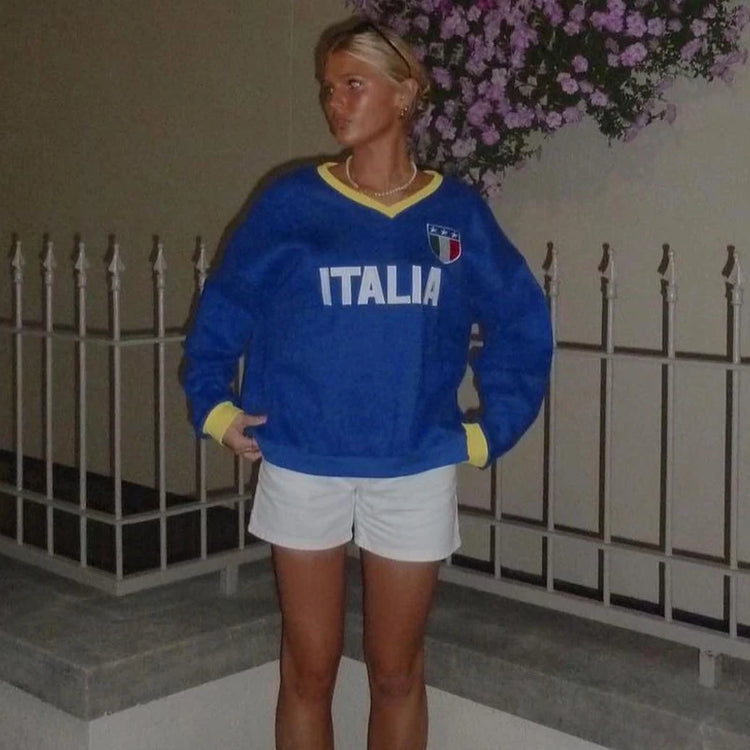 Italia Flag Blue Letter Print Hoodies Grunge